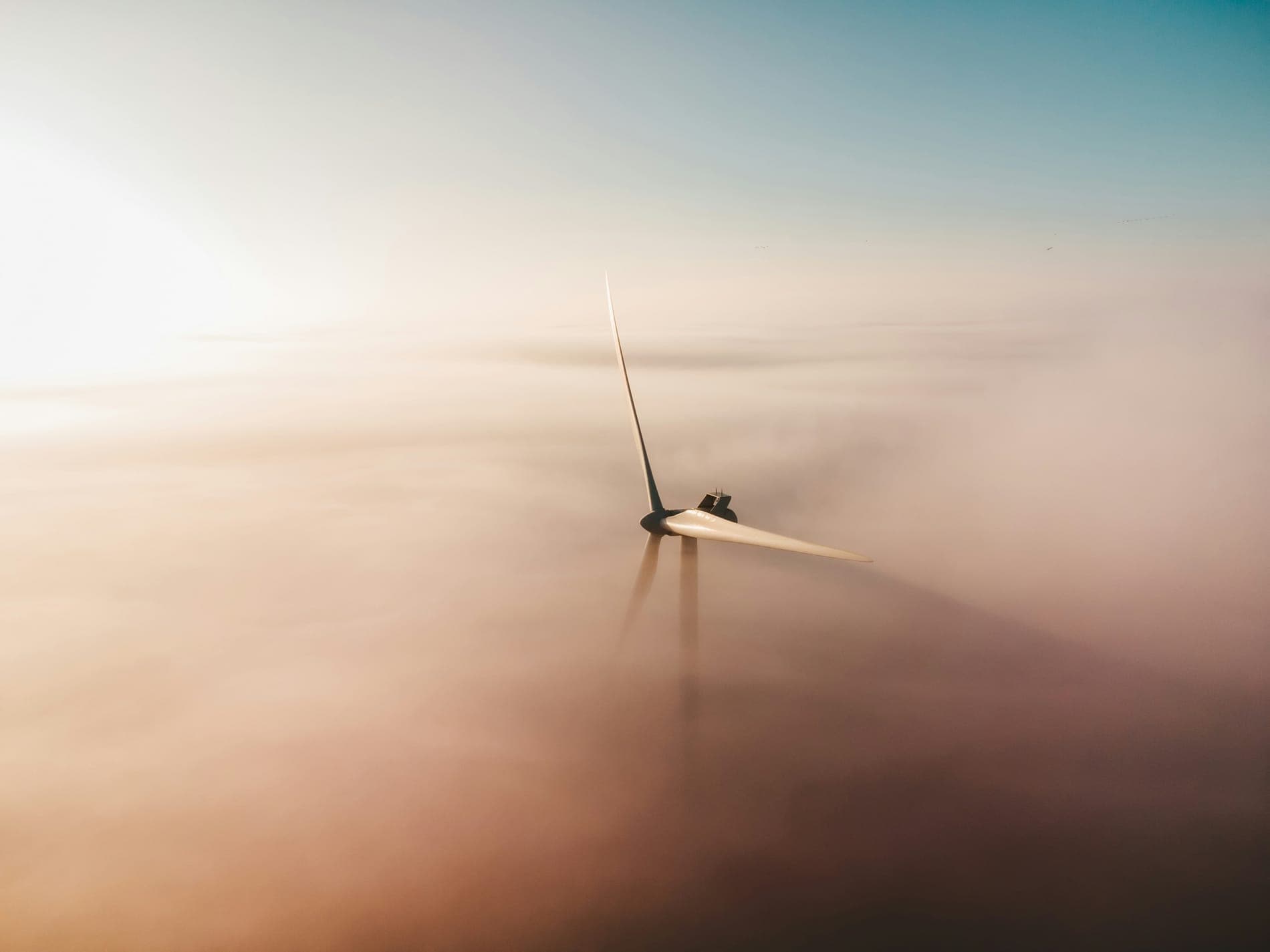 A wind turbine rising out of thick fog, seen from above