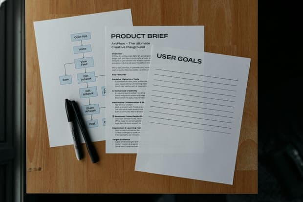 Product brief papers and two markers on a wooden table