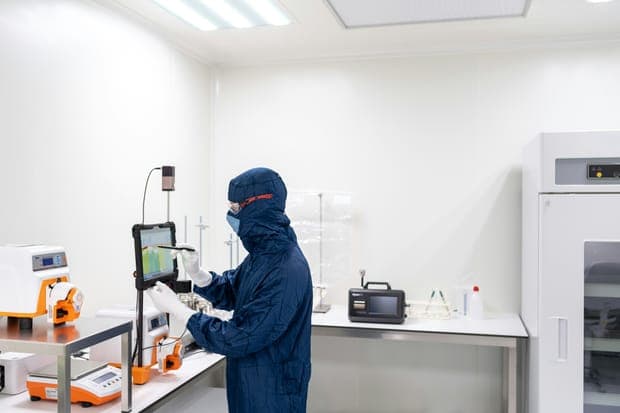 A technician in a blue suit operating lab equipment in a white room