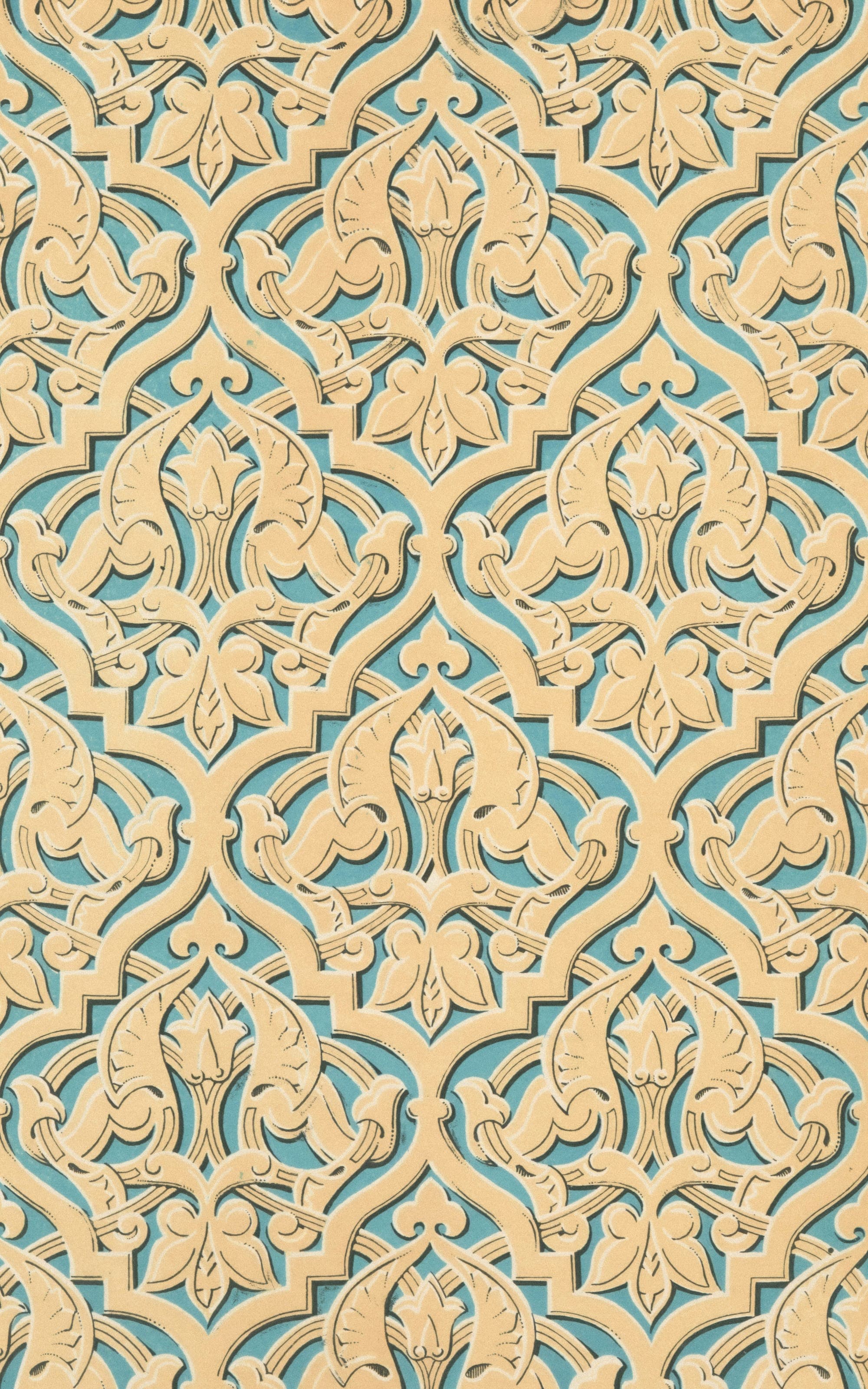 A tall panel of an ornate blue and gold pattern