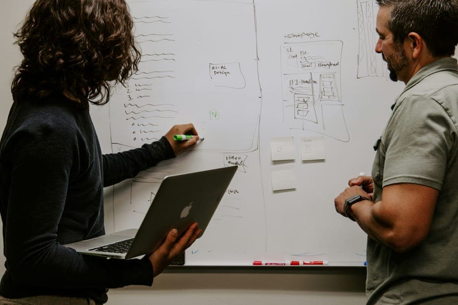 Two people at a whiteboard of sketches, one holding a laptop