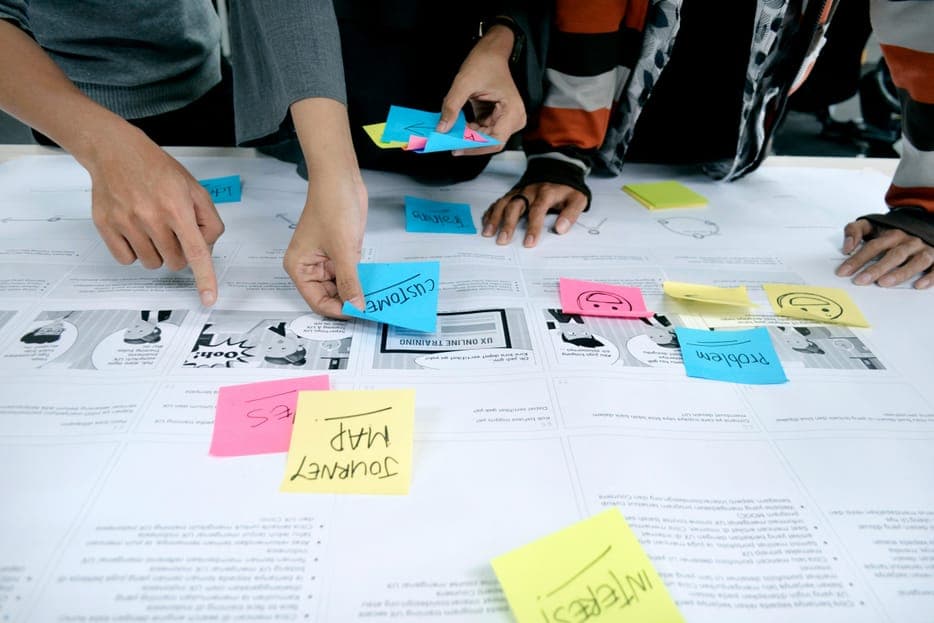 Hands placing sticky notes on a printed journey map