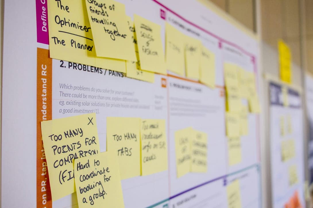 A wall of sticky notes on a printed canvas
