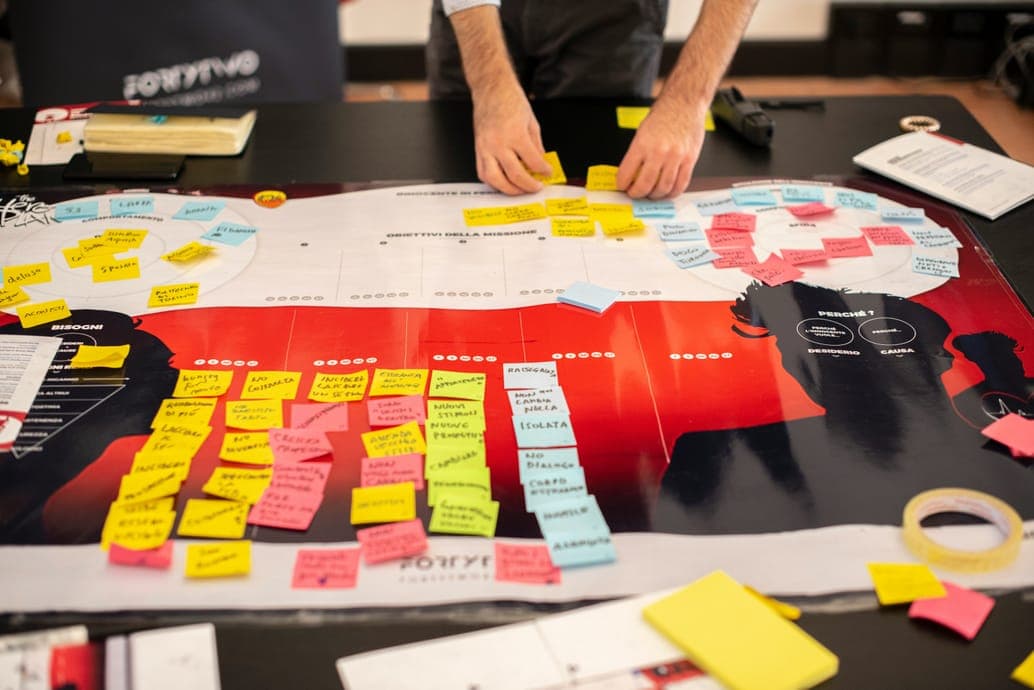 Hands arranging coloured sticky notes on a large workshop canvas